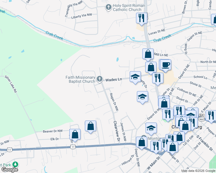 map of restaurants, bars, coffee shops, grocery stores, and more near 380 Clearview Drive in Christiansburg