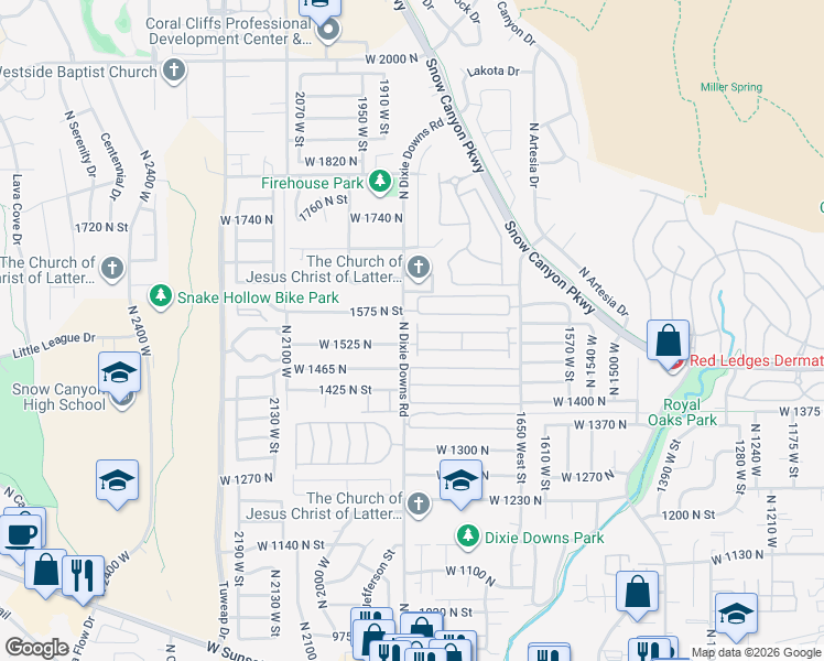 map of restaurants, bars, coffee shops, grocery stores, and more near in St. George