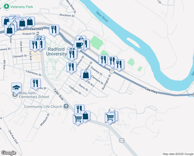 map of restaurants, bars, coffee shops, grocery stores, and more near 501 Clement Street in Radford