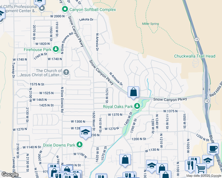 map of restaurants, bars, coffee shops, grocery stores, and more near 1549 West 1550 North in St. George