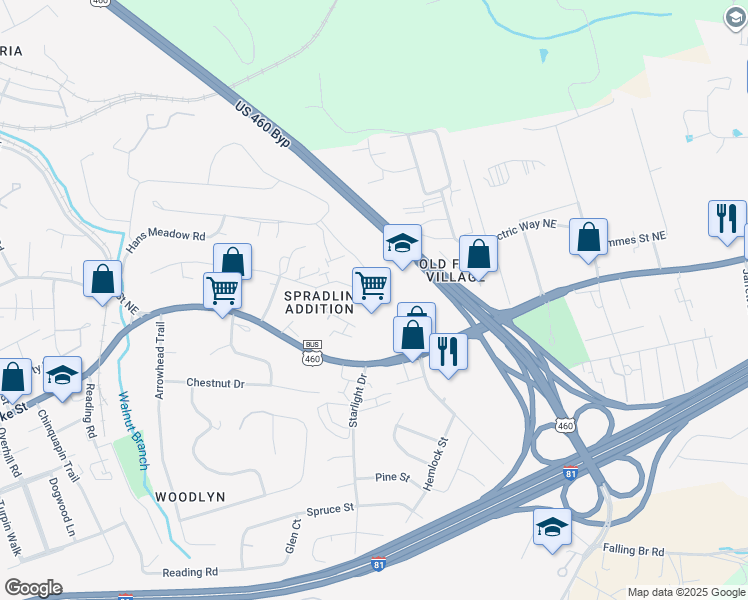 map of restaurants, bars, coffee shops, grocery stores, and more near 1530 Roanoke Street in Christiansburg