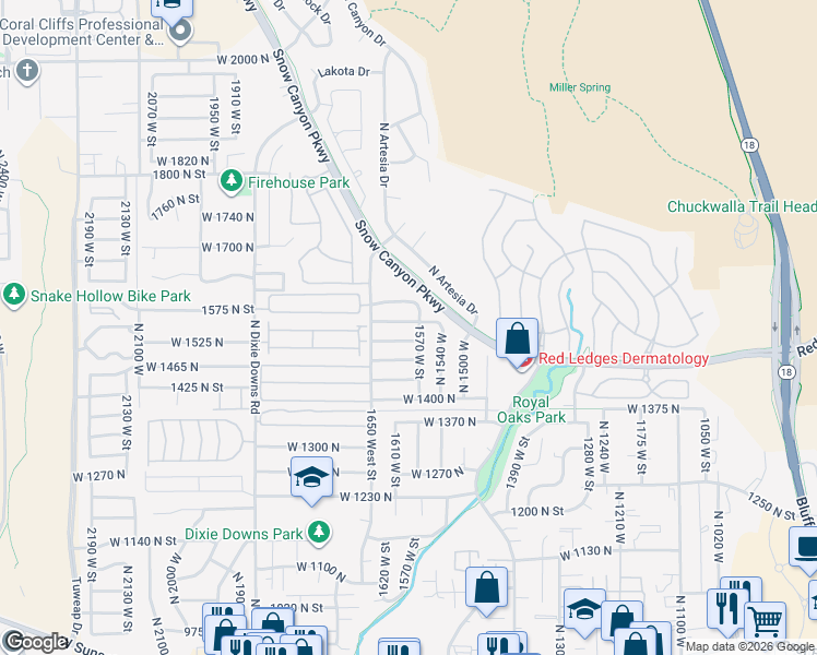 map of restaurants, bars, coffee shops, grocery stores, and more near 1585 West 1550 North in St. George