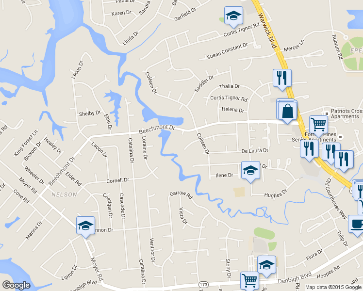 map of restaurants, bars, coffee shops, grocery stores, and more near 287 Kingsman Drive in Newport News