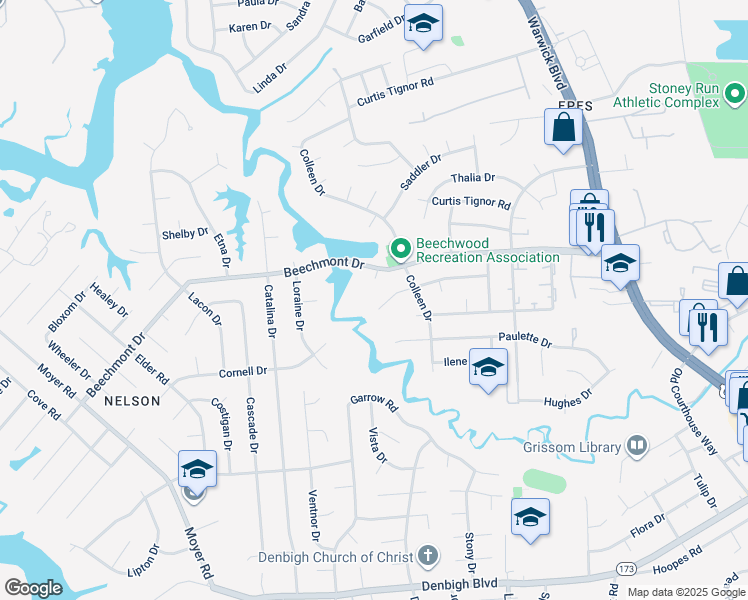 map of restaurants, bars, coffee shops, grocery stores, and more near 287 Kingsman Drive in Newport News