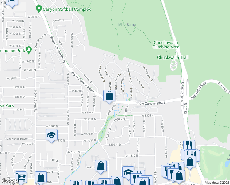 map of restaurants, bars, coffee shops, grocery stores, and more near 1561 North Great Basin Drive in St. George