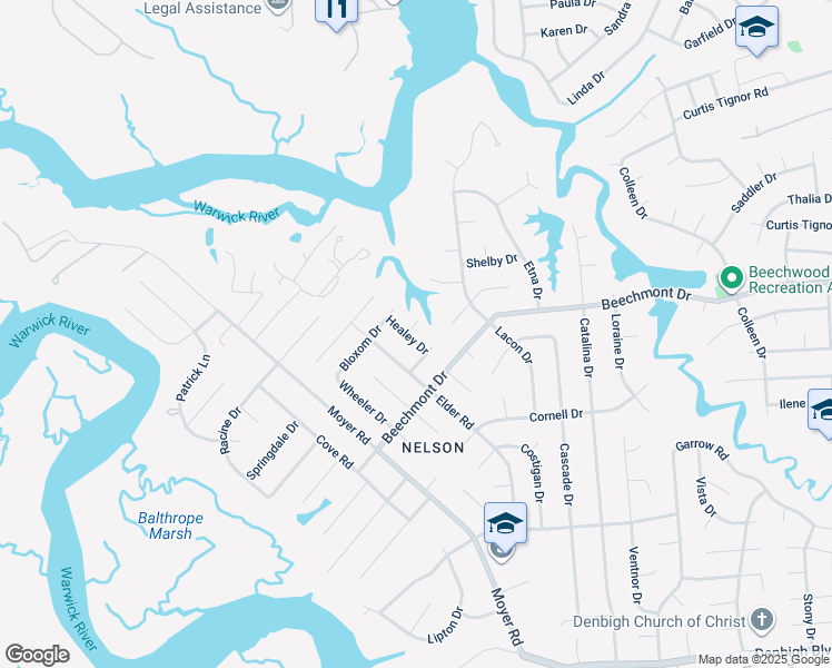 map of restaurants, bars, coffee shops, grocery stores, and more near 910 Healey Drive in Newport News