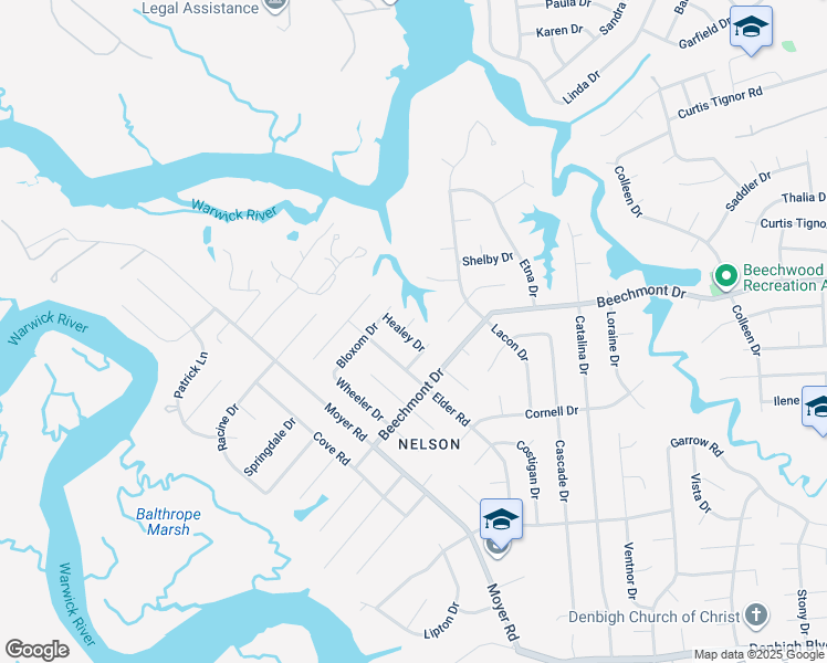 map of restaurants, bars, coffee shops, grocery stores, and more near 910 Healey Drive in Newport News