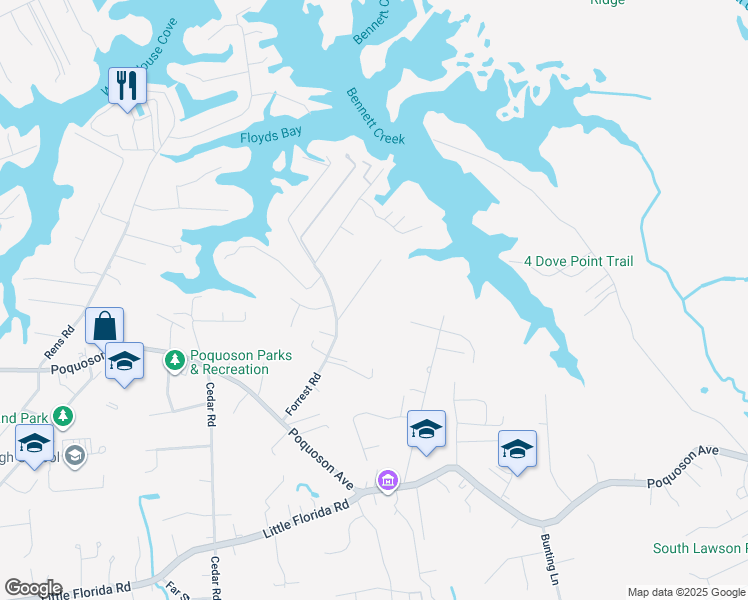map of restaurants, bars, coffee shops, grocery stores, and more near 28 Forrest Drive in Poquoson