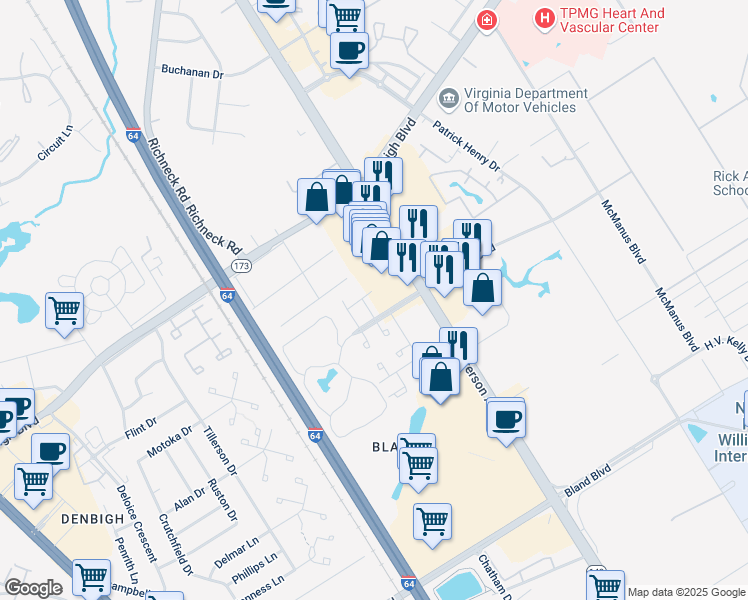 map of restaurants, bars, coffee shops, grocery stores, and more near 574 Turnberry Boulevard in Newport News