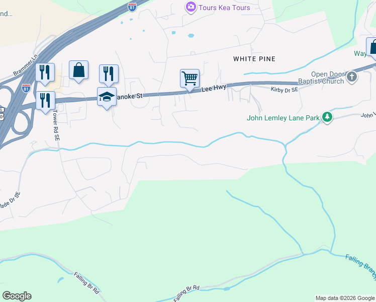 map of restaurants, bars, coffee shops, grocery stores, and more near 1610 Tower Rd in Christiansburg