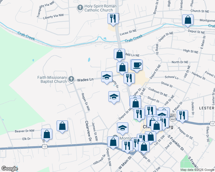 map of restaurants, bars, coffee shops, grocery stores, and more near 95 Overlook Drive in Christiansburg