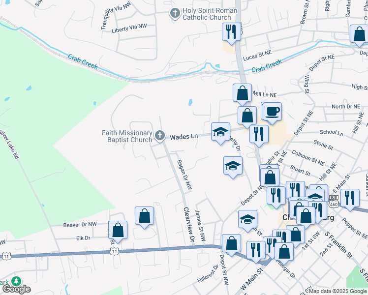 map of restaurants, bars, coffee shops, grocery stores, and more near 350 Ragan Drive Northwest in Christiansburg