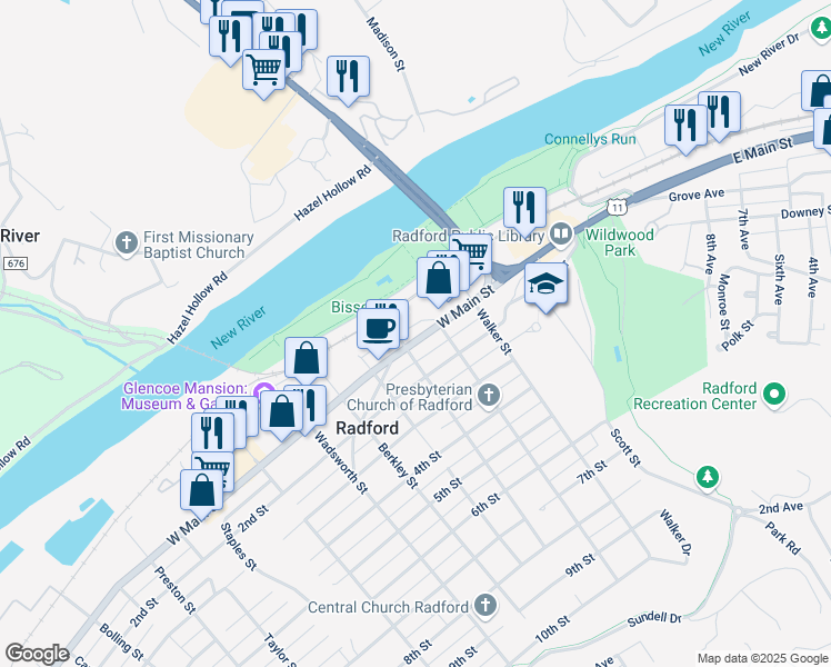 map of restaurants, bars, coffee shops, grocery stores, and more near 213 2nd Street in Radford