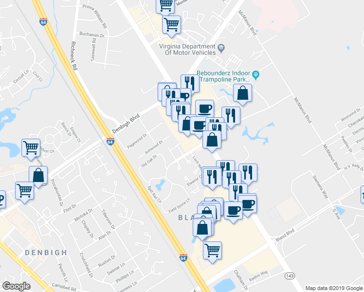 map of restaurants, bars, coffee shops, grocery stores, and more near 577 Ayrshire Way in Newport News