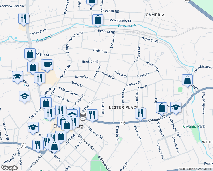 map of restaurants, bars, coffee shops, grocery stores, and more near 499 School Lane in Christiansburg