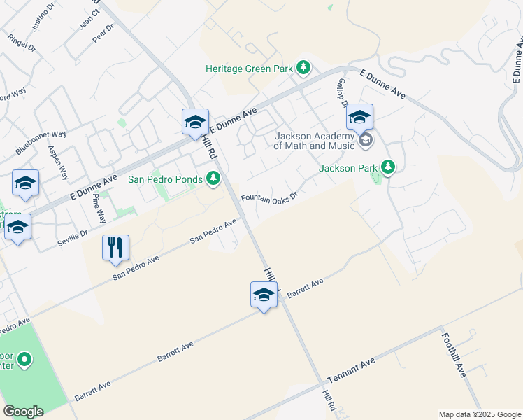 map of restaurants, bars, coffee shops, grocery stores, and more near 16700 Fountain Avenue in Morgan Hill