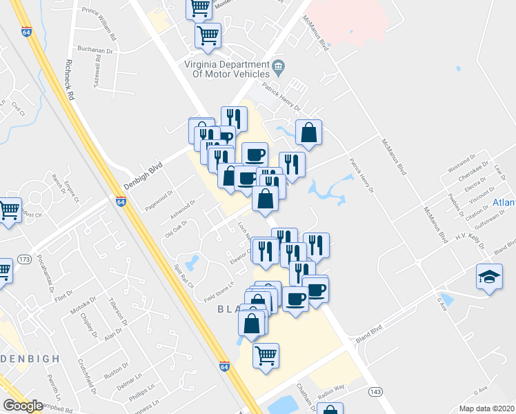map of restaurants, bars, coffee shops, grocery stores, and more near 12629 Jefferson Avenue in Newport News