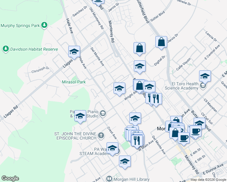 map of restaurants, bars, coffee shops, grocery stores, and more near 217 Del Monte Lane in Morgan Hill