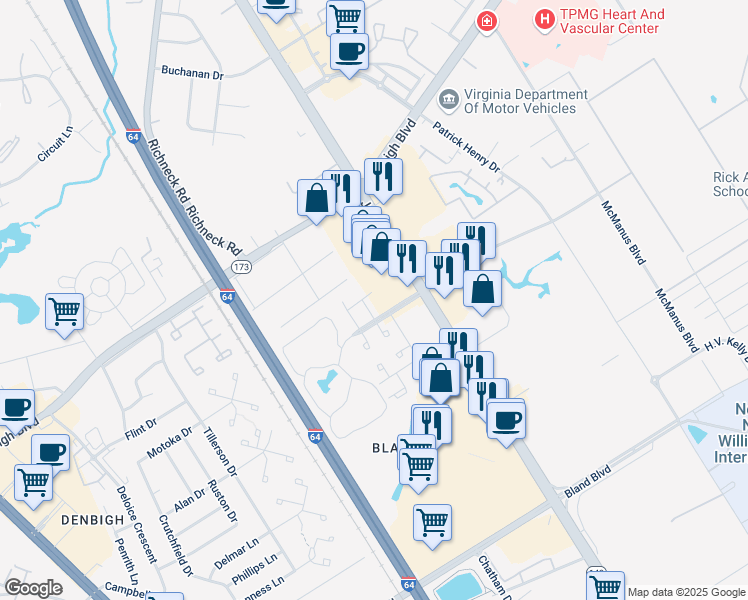 map of restaurants, bars, coffee shops, grocery stores, and more near 574 Turnberry Boulevard in Newport News