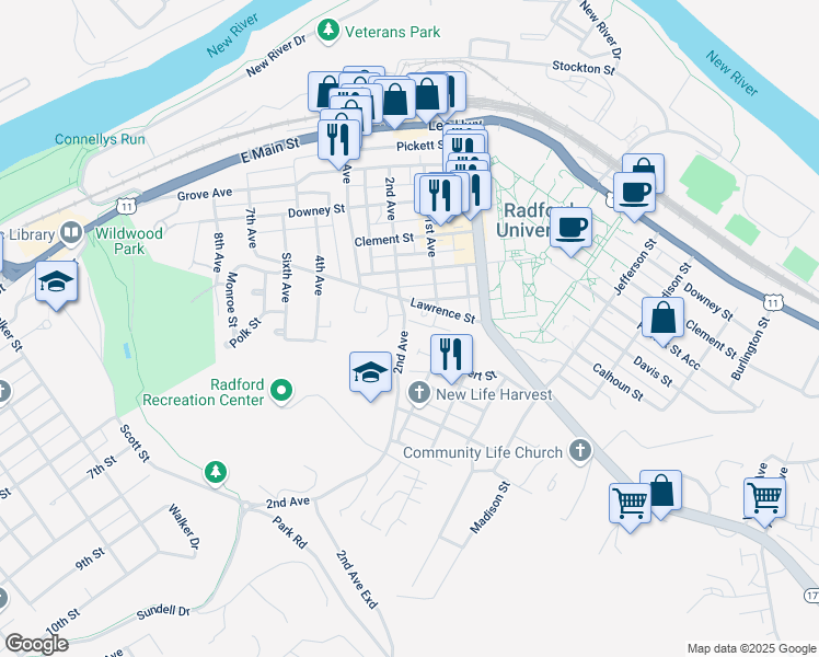 map of restaurants, bars, coffee shops, grocery stores, and more near 619 2nd Avenue in Radford