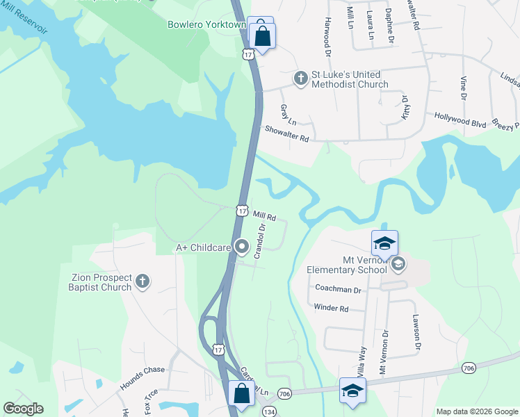 map of restaurants, bars, coffee shops, grocery stores, and more near 101A Mill Road in Yorktown