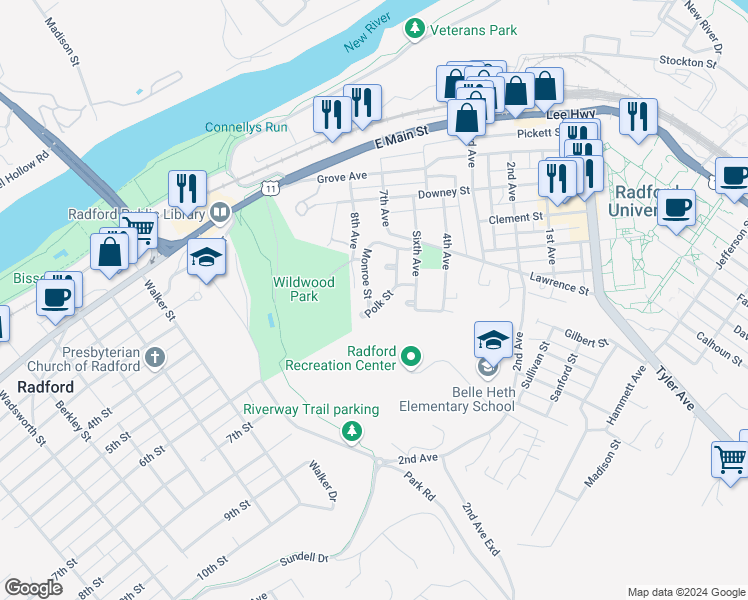 map of restaurants, bars, coffee shops, grocery stores, and more near 149 Monroe Street in Radford