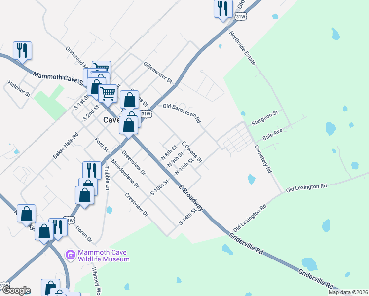 map of restaurants, bars, coffee shops, grocery stores, and more near 501-613 Owens St in Cave City