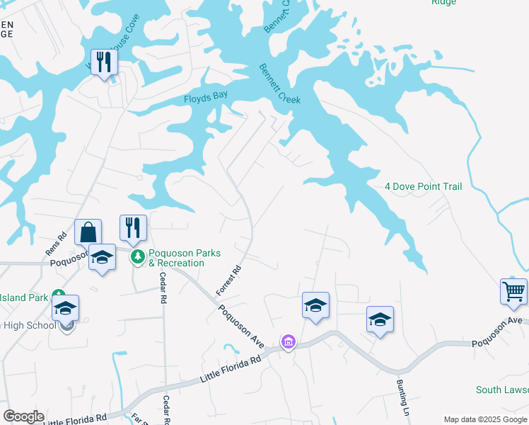 map of restaurants, bars, coffee shops, grocery stores, and more near 28 Forrest Drive in Poquoson