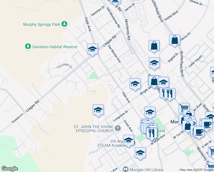 map of restaurants, bars, coffee shops, grocery stores, and more near 18051 Hillwood Lane in Morgan Hill