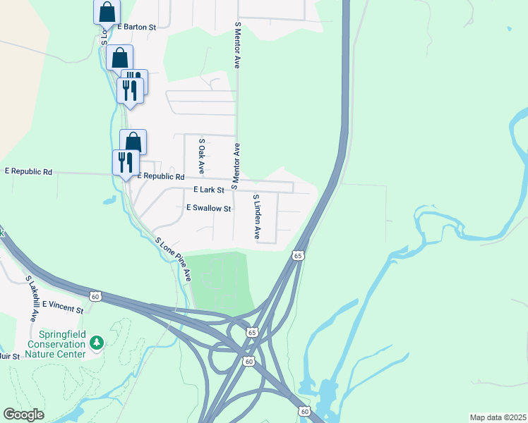map of restaurants, bars, coffee shops, grocery stores, and more near 4204 South Linden Avenue in Springfield