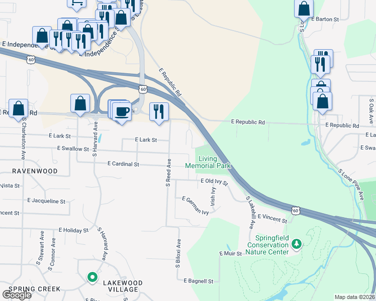 map of restaurants, bars, coffee shops, grocery stores, and more near 4219 South Nature Center Way in Springfield