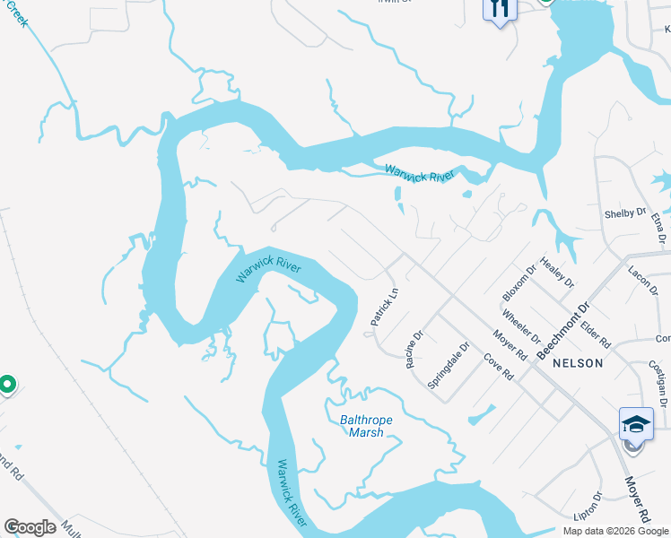 map of restaurants, bars, coffee shops, grocery stores, and more near 1305 Moyer Road in Newport News