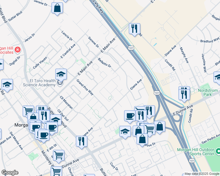 map of restaurants, bars, coffee shops, grocery stores, and more near 17386 Carriage Lamp Way in Morgan Hill