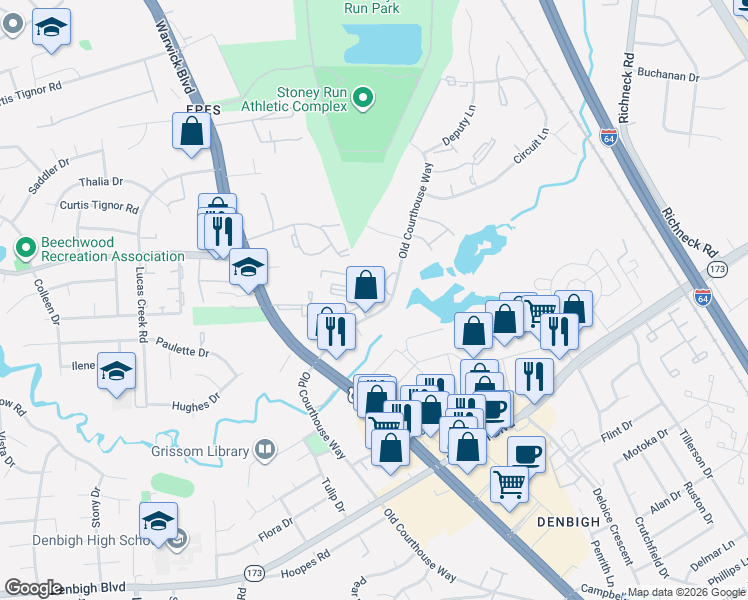 map of restaurants, bars, coffee shops, grocery stores, and more near 14547 Old Courthouse Way in Newport News