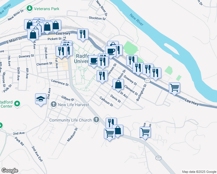 map of restaurants, bars, coffee shops, grocery stores, and more near 606 Fairfax Street in Radford
