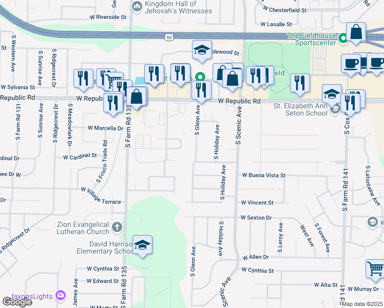 map of restaurants, bars, coffee shops, grocery stores, and more near 4334 South Glenn Avenue in Springfield