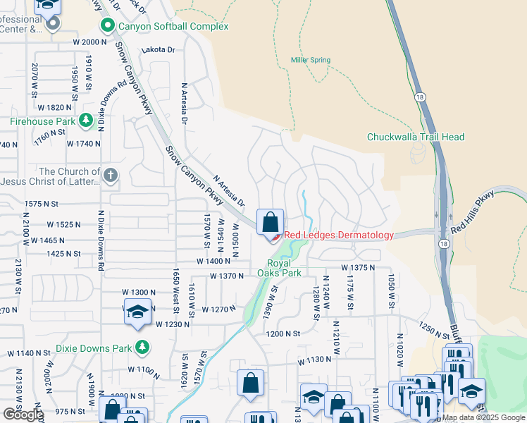 map of restaurants, bars, coffee shops, grocery stores, and more near 1578 North Palo Verde Drive in St. George