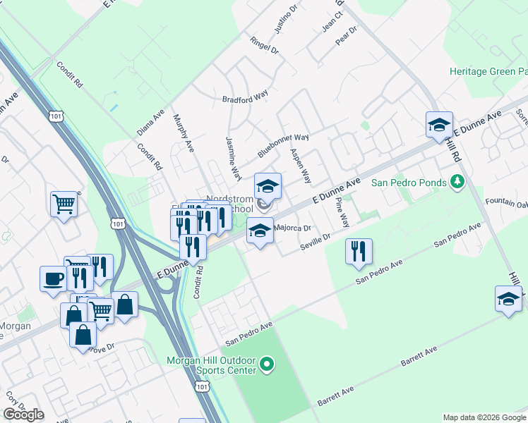 map of restaurants, bars, coffee shops, grocery stores, and more near 1425 East Dunne Avenue in Morgan Hill