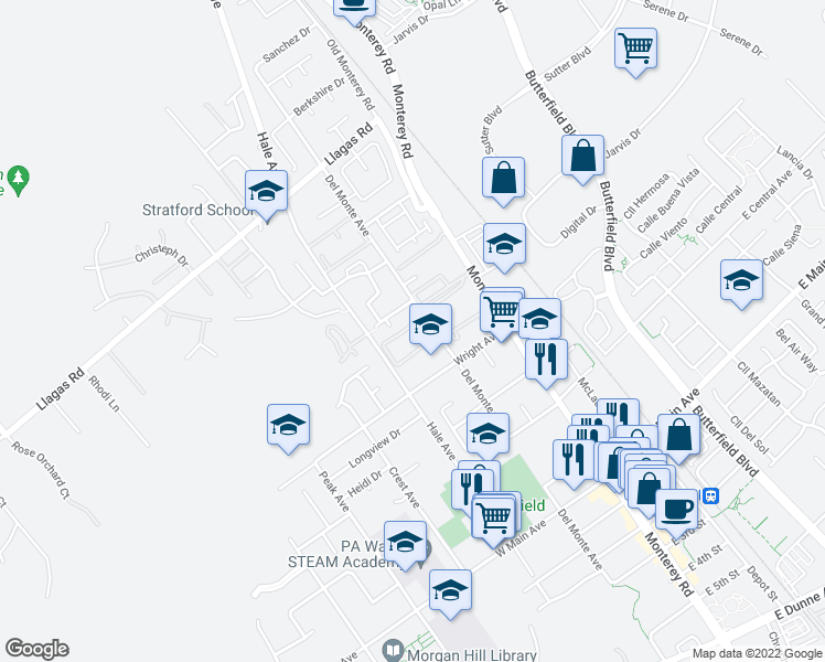 map of restaurants, bars, coffee shops, grocery stores, and more near 223 Del Monte Lane in Morgan Hill