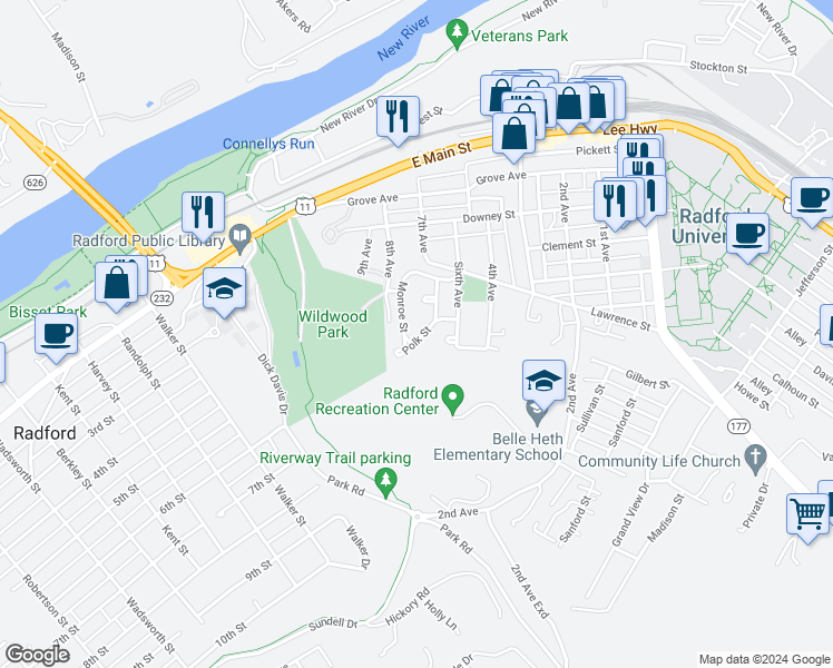 map of restaurants, bars, coffee shops, grocery stores, and more near 116 Polk Street in Radford