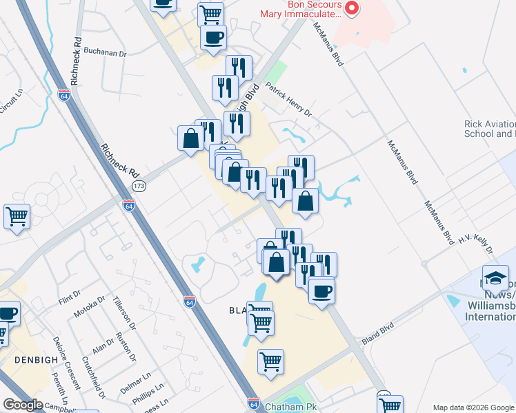 map of restaurants, bars, coffee shops, grocery stores, and more near 12644 Jefferson Avenue in Newport News