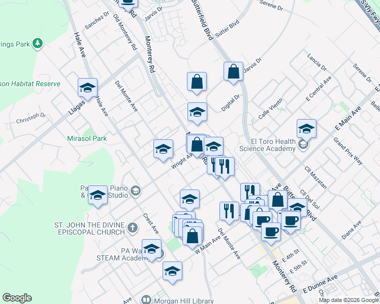 map of restaurants, bars, coffee shops, grocery stores, and more near 25 Wright Avenue in Morgan Hill
