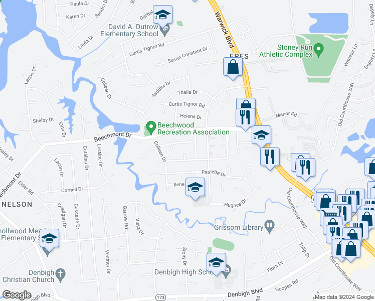map of restaurants, bars, coffee shops, grocery stores, and more near 884 Barrie Circle in Newport News