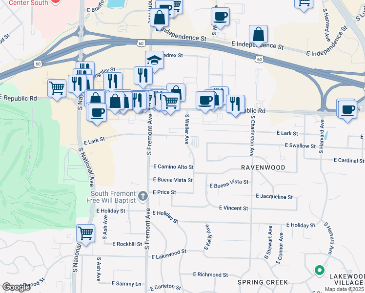 map of restaurants, bars, coffee shops, grocery stores, and more near 4327-4347 South Weller Avenue in Springfield