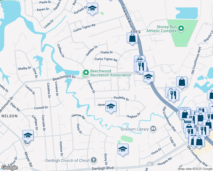 map of restaurants, bars, coffee shops, grocery stores, and more near 884 Barrie Circle in Newport News