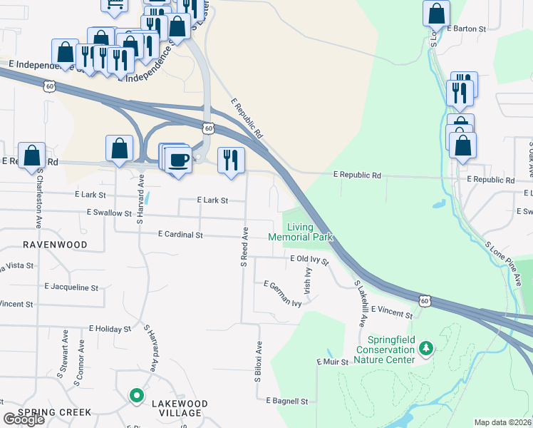 map of restaurants, bars, coffee shops, grocery stores, and more near 4219 South Nature Center Way in Springfield