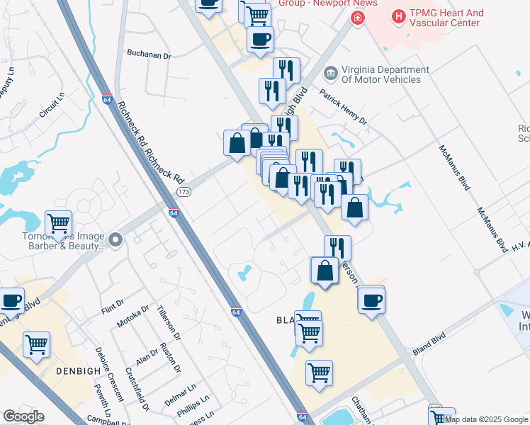 map of restaurants, bars, coffee shops, grocery stores, and more near 573 Ayrshire Way in Newport News