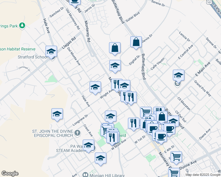 map of restaurants, bars, coffee shops, grocery stores, and more near 25 Wright Avenue in Morgan Hill