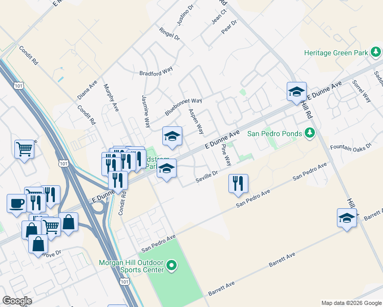 map of restaurants, bars, coffee shops, grocery stores, and more near East Dunne Avenue & Peppertree Drive in Morgan Hill