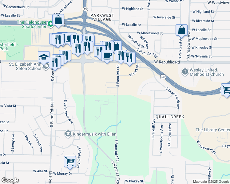 map of restaurants, bars, coffee shops, grocery stores, and more near 4349 South Kansas Avenue in Springfield